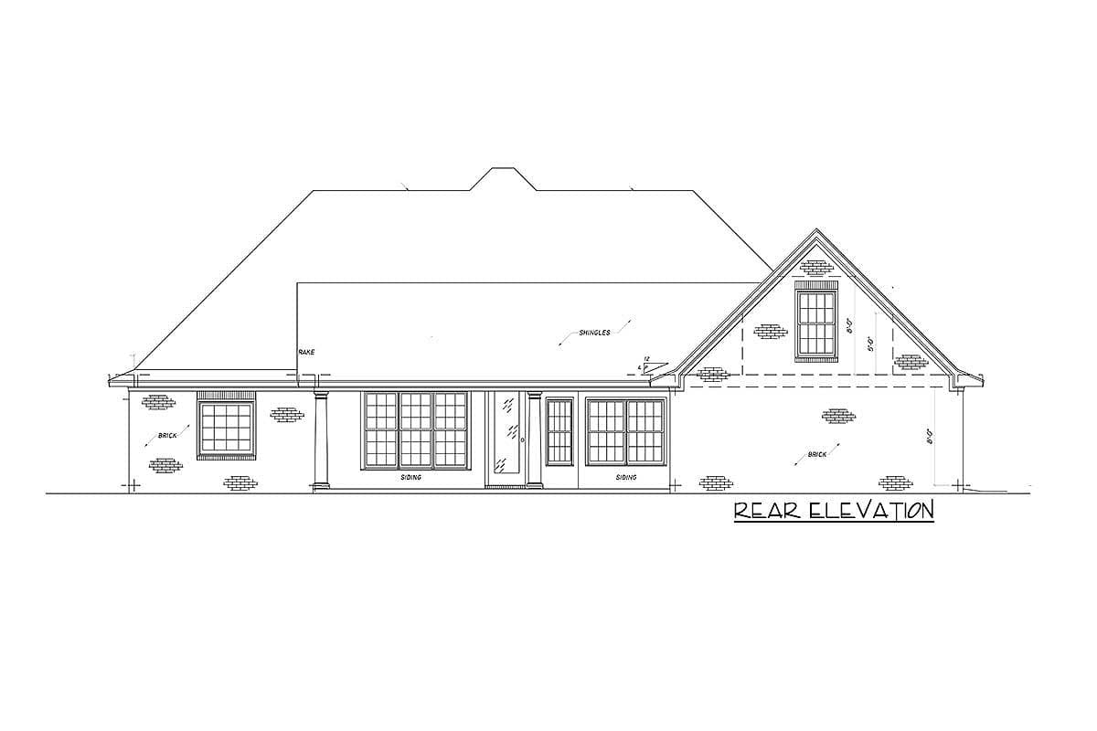 Rear elevation drawing of house plan with brick and siding exterior, multiple windows, and a prominent gable roof.