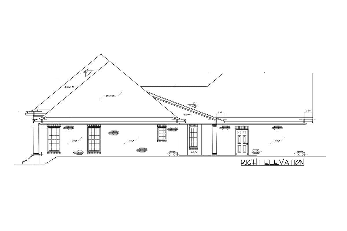 Right elevation of a house plan, showing brick and siding, a porch with columns, and multiple windows.
