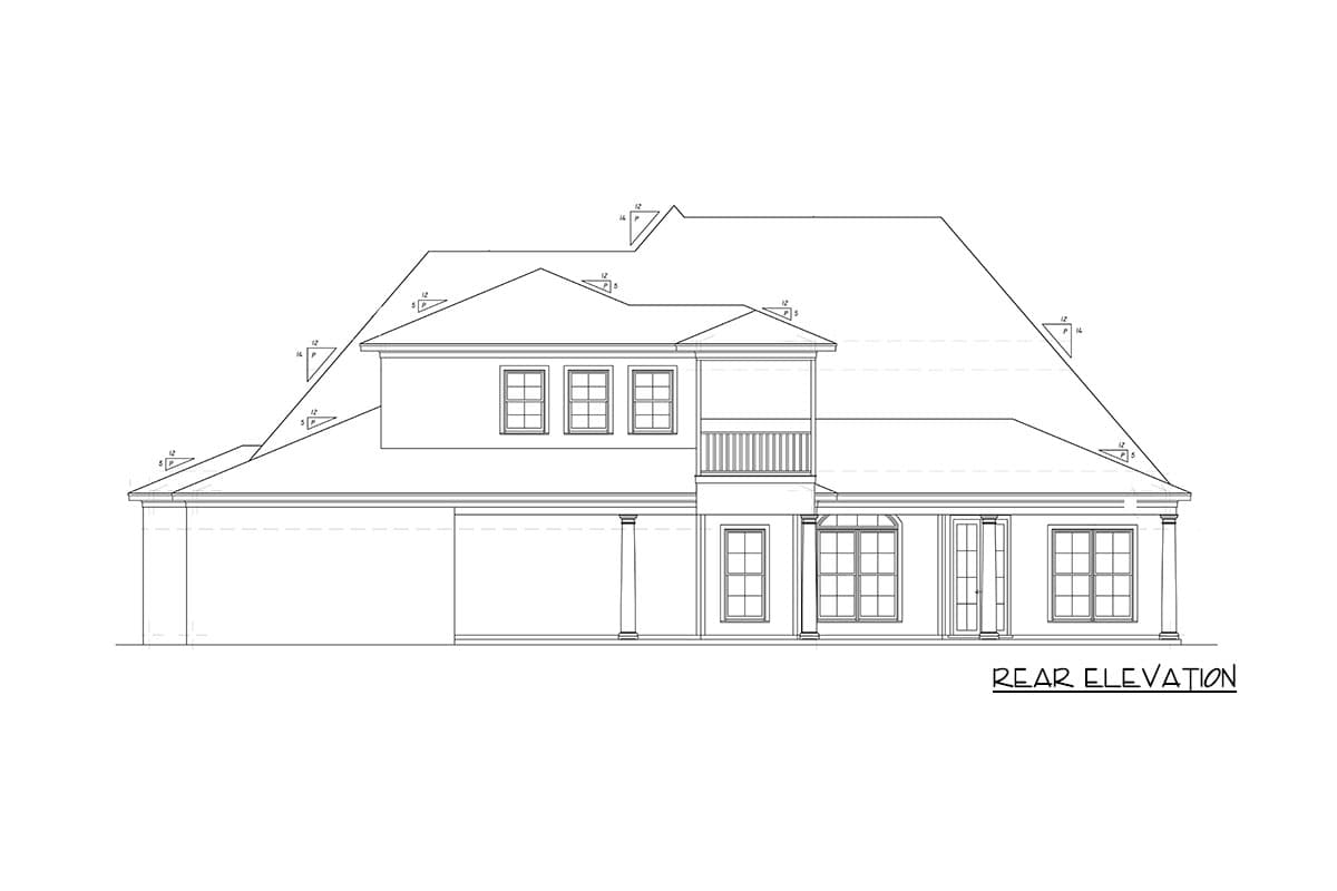 Rear elevation house plan drawing showing multiple gables, a second-story balcony, and a two-car garage.