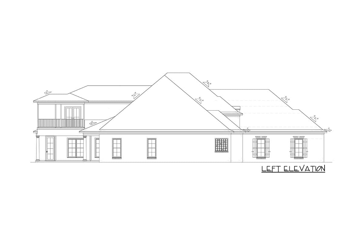 Left elevation drawing of a house plan showing a two-story section with a balcony, various window styles, and a complex roofline.