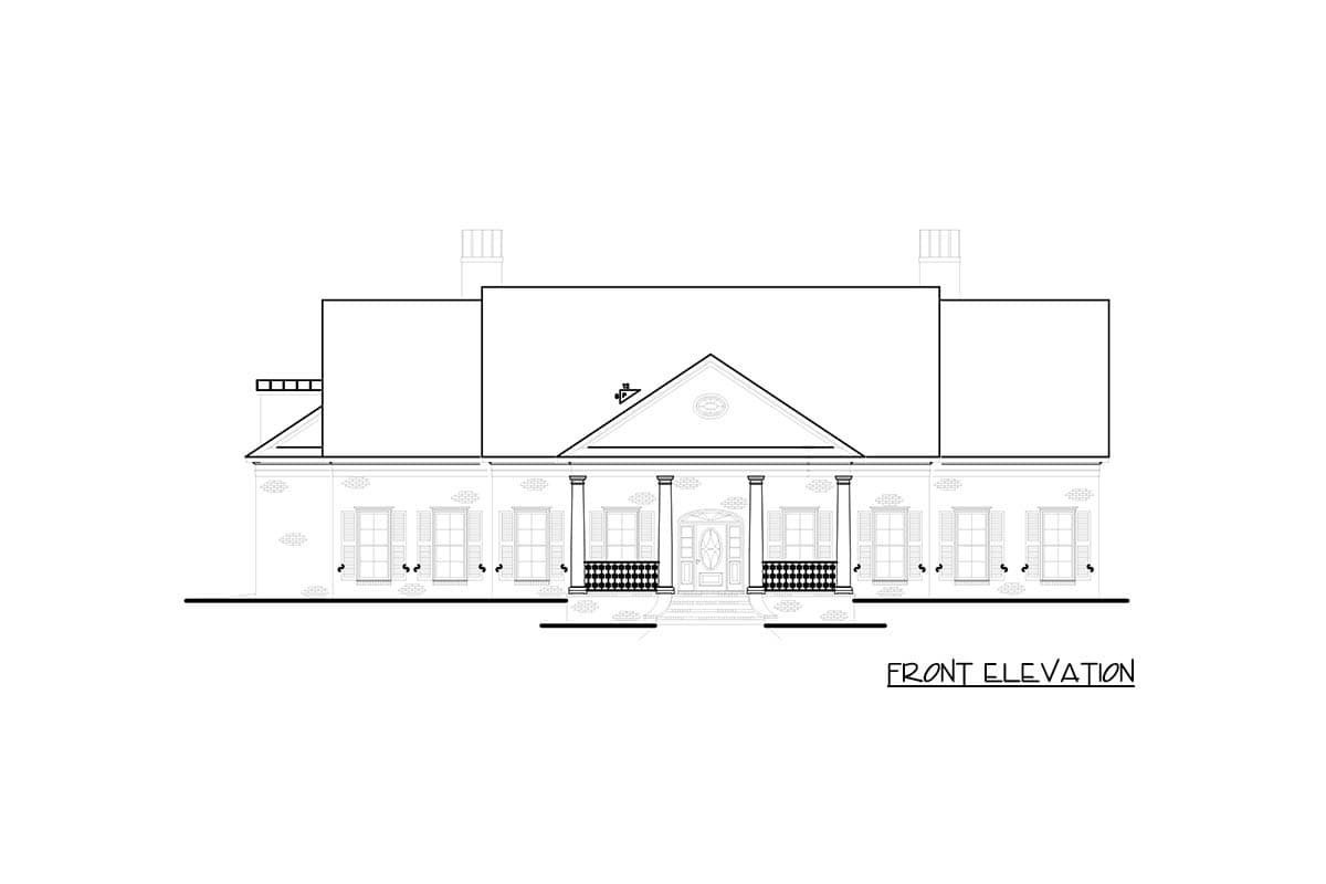 Front elevation drawing of a house with a portico, classical columns, shutters, and multiple gables.
