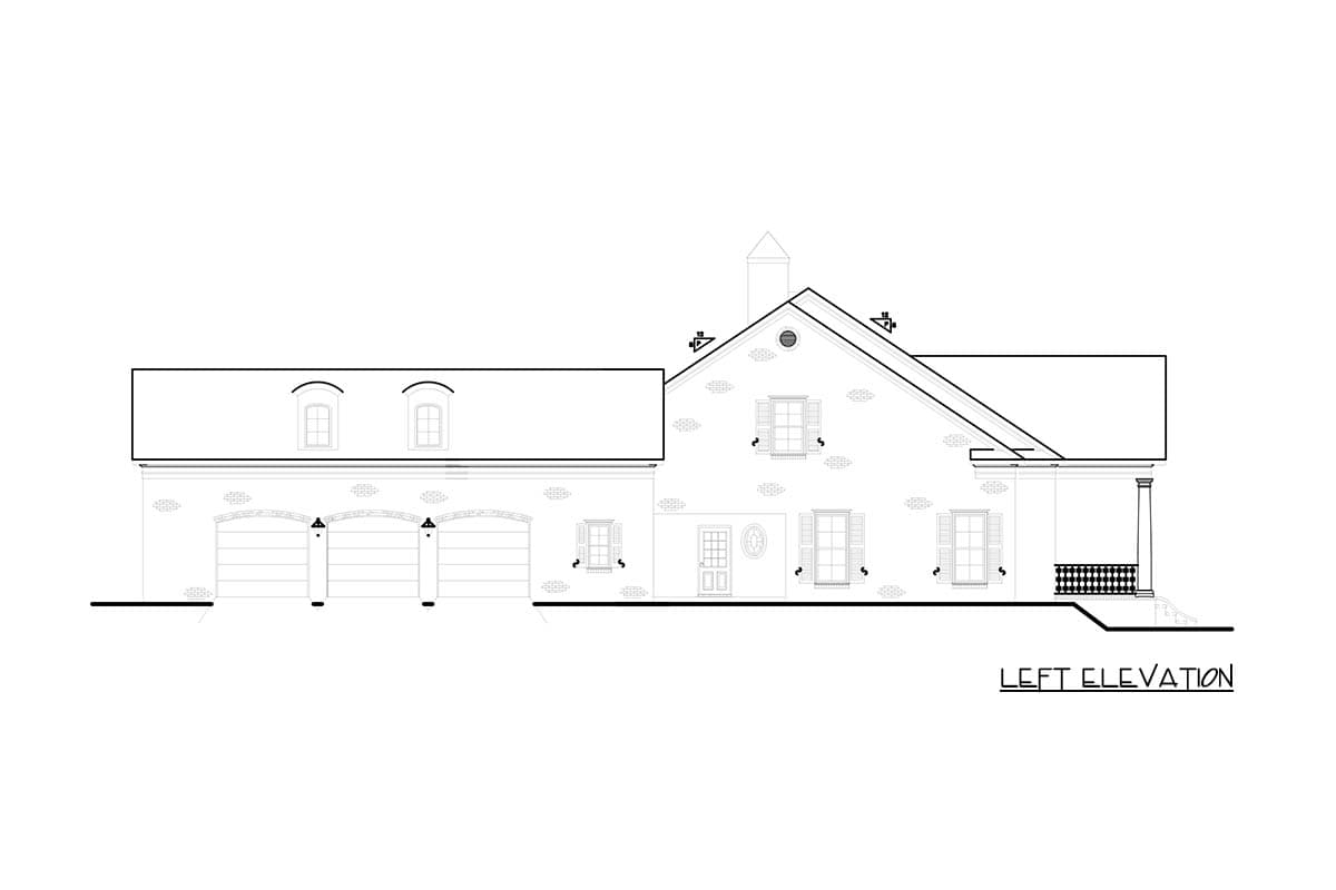 Left elevation house plan with three-car garage, dormer windows, and covered porch.