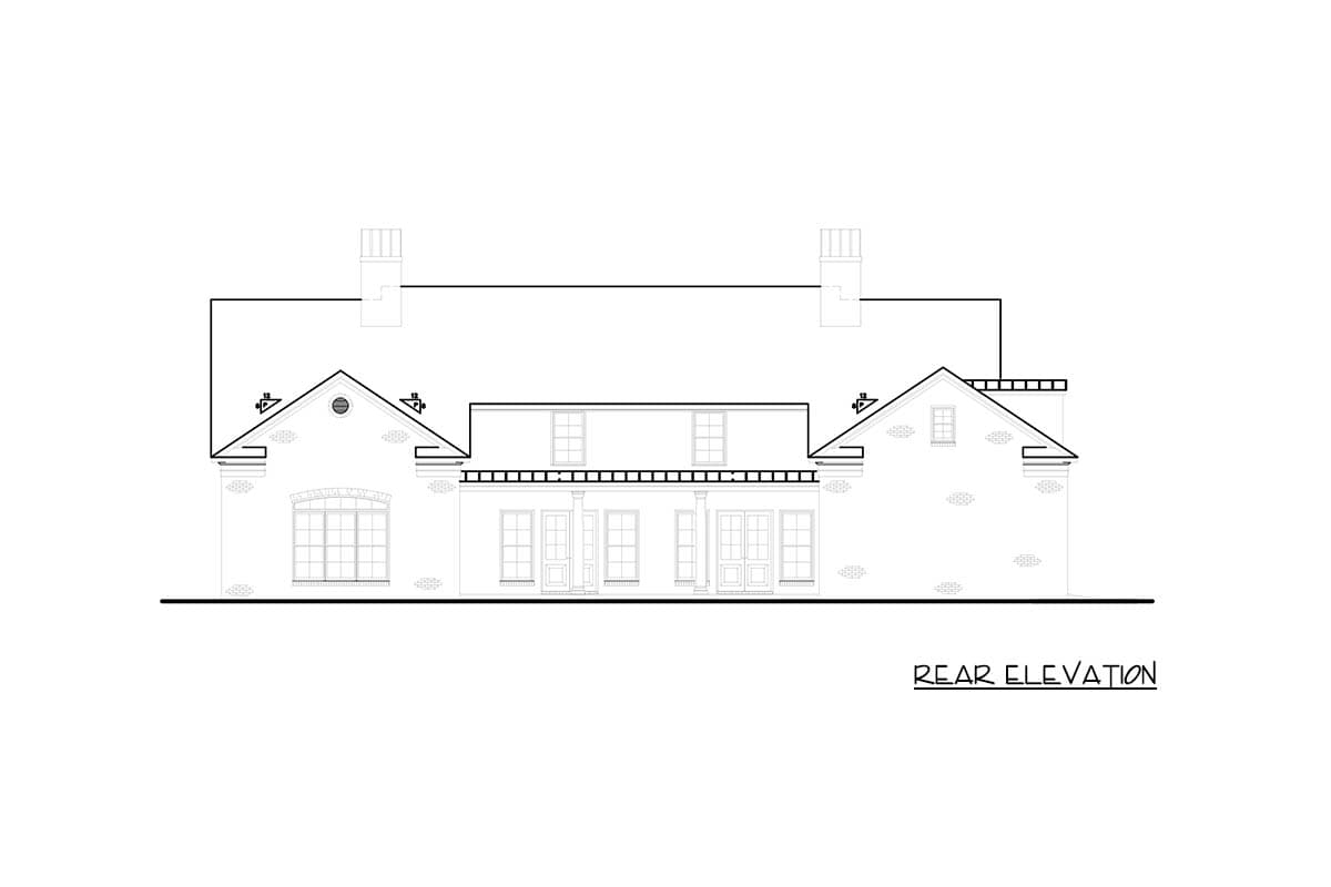 Rear elevation drawing of a brick house with gables, dormers, chimneys, and French doors.