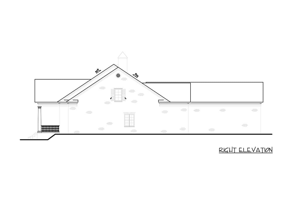 Right elevation house plan with brick texture, covered porch, gable roof, and two windows.