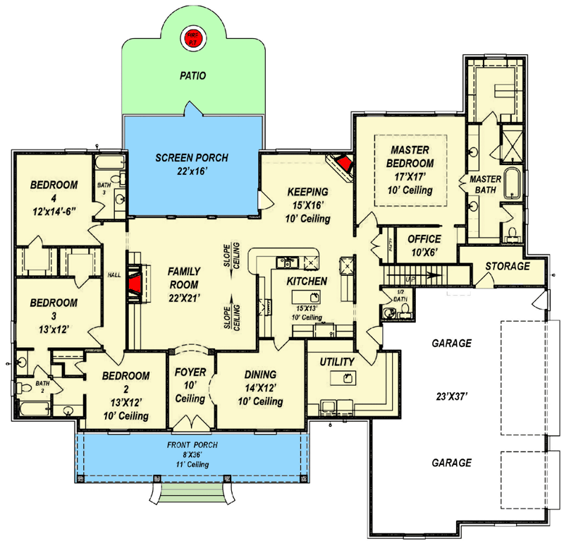 Plan 83826JW: French Country House Plan with Balanced Facade - 3035 Sq Ft - Floor Plan - Main Level - Acadian, European, French Country, Louisiana-Style, Southern