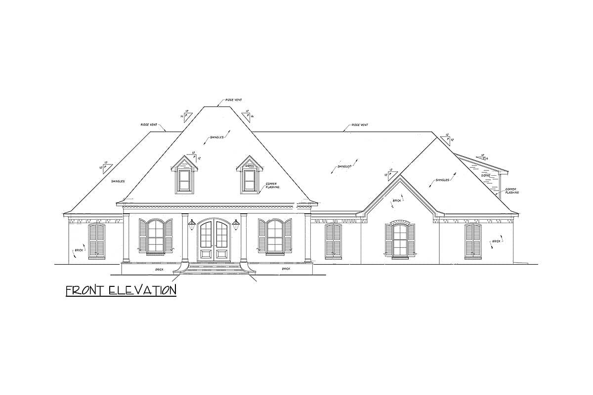 Front elevation of a two-story house plan featuring a hipped roof, dormers, arched windows, and double entry doors.
