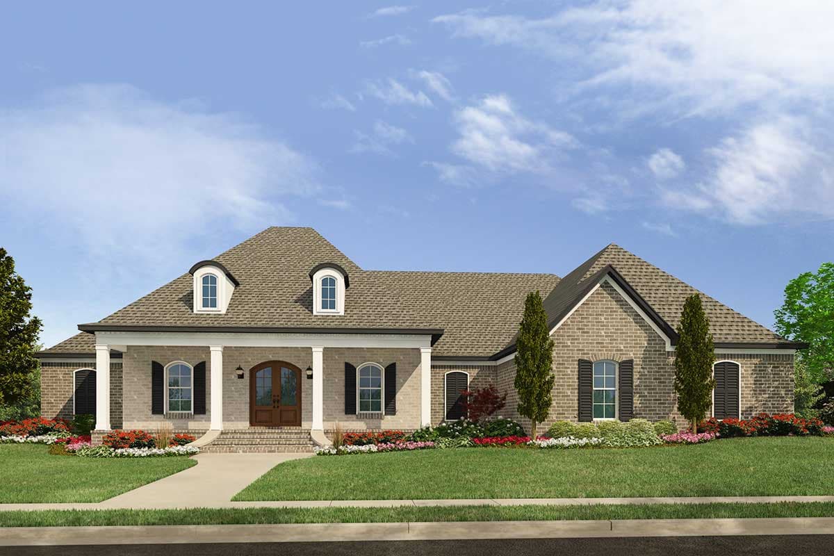 House plan exterior: One-story brick home with portico, arched dormers, and prominent gables.