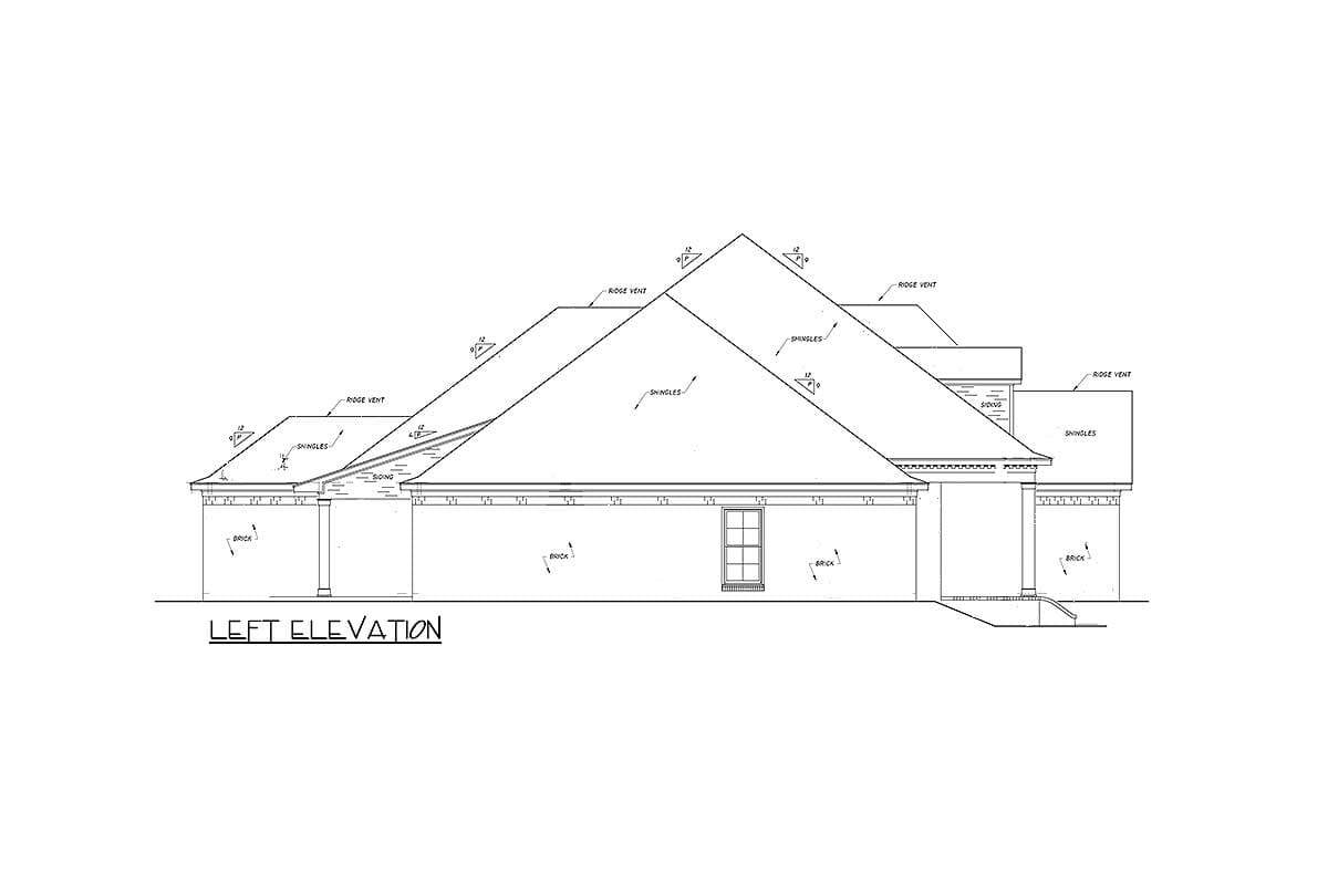 Left elevation drawing of a house plan showing brick and siding exterior, multiple gables, and covered porch with columns.