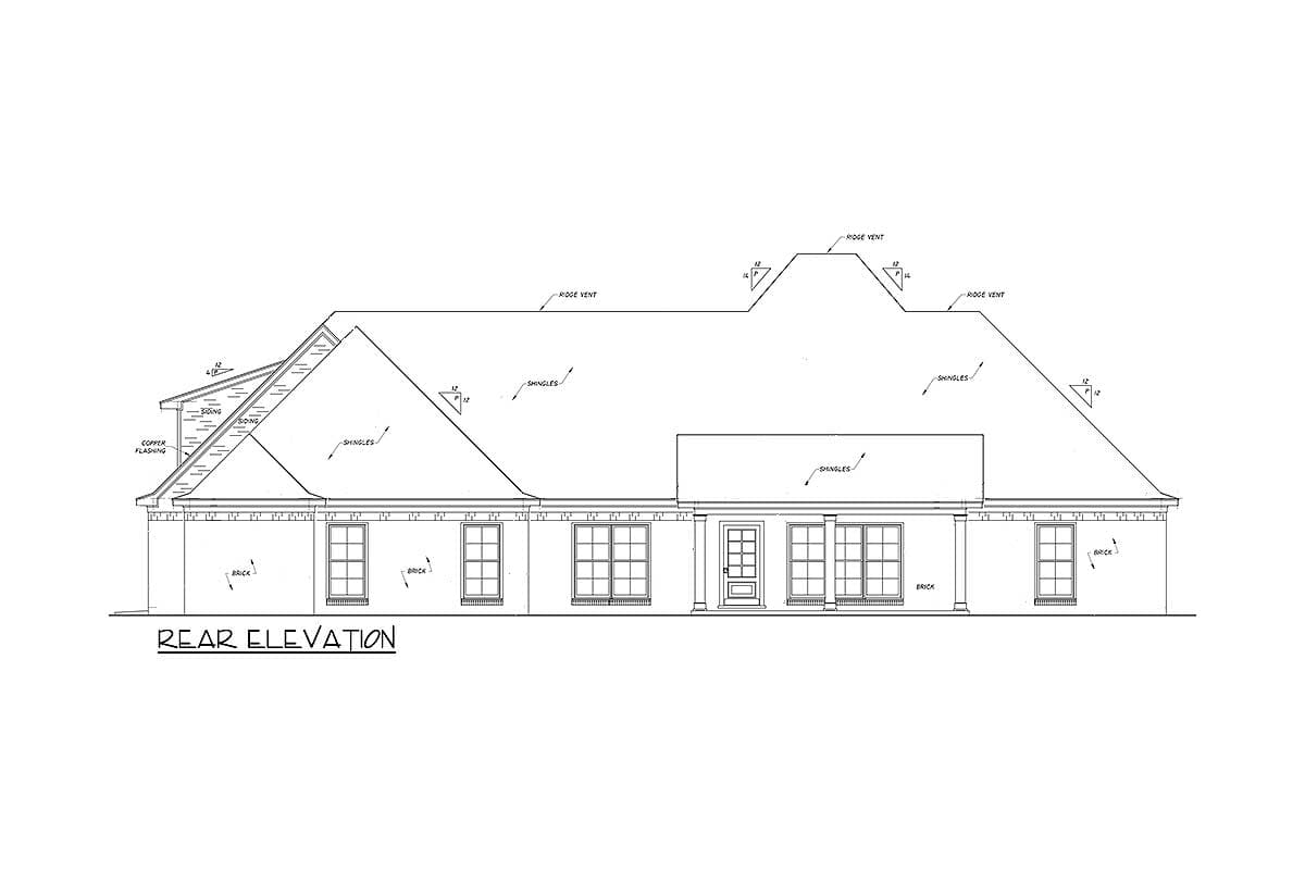 Rear elevation architectural drawing of a house with a shingled roof, brick wainscoting, and multiple windows.