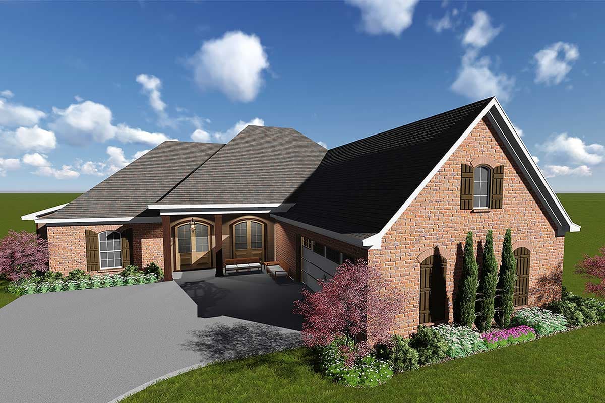 House plan exterior: Ranch-style home with attached garage, arched entry doors, dormers, and brick facade.