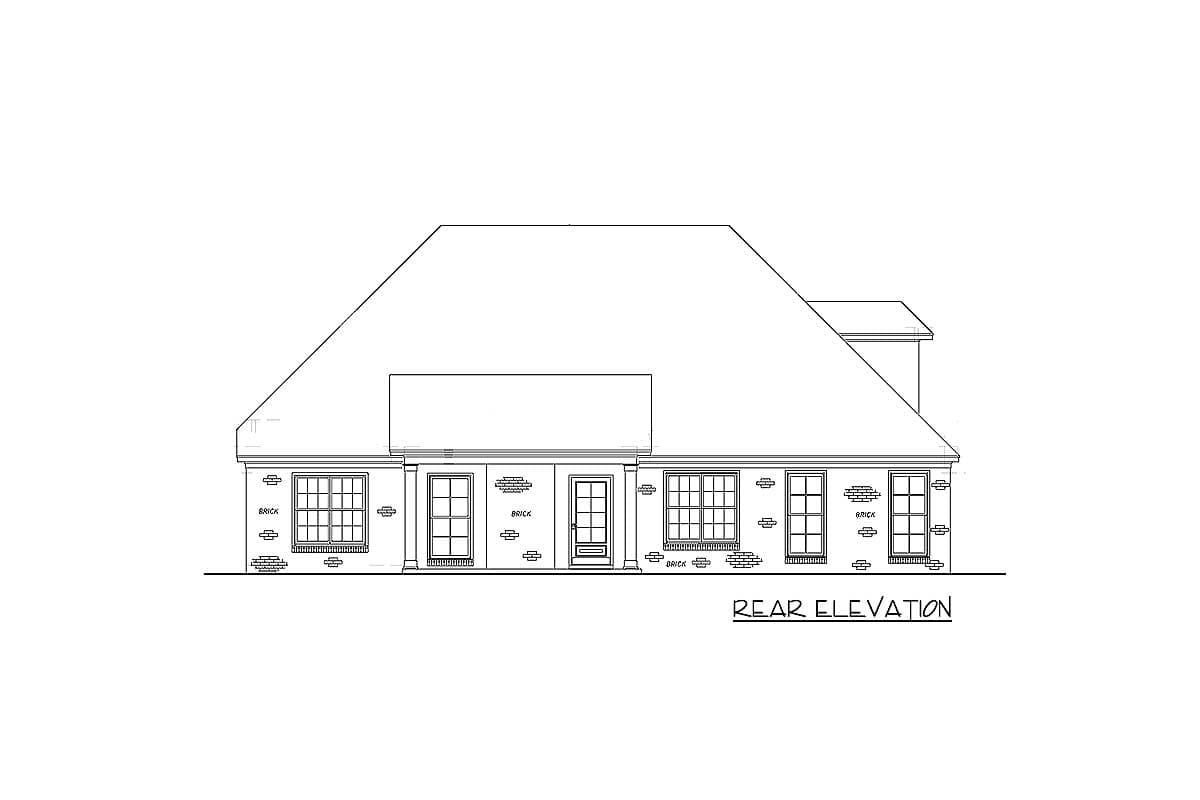 Rear elevation drawing of a brick house plan with multiple windows and a central door.
