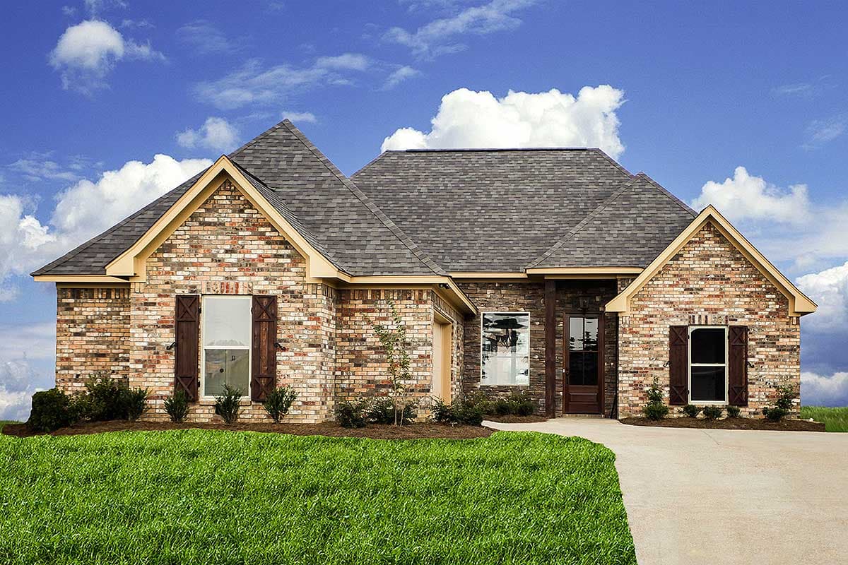 House plan exterior: single-story brick home with stone accents, multiple gables, and a covered entryway.