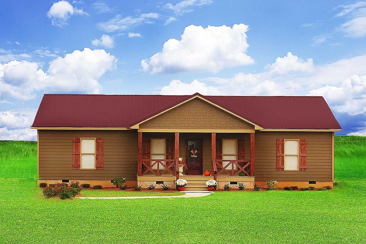 Ranch house plan exterior with deep front porch, X-braced railings, gable dormer, and a dark red metal roof.