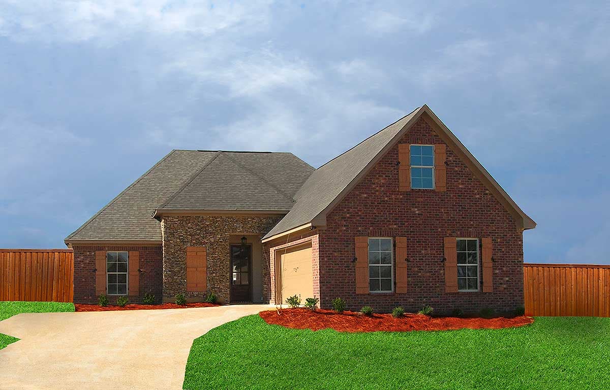 House plan exterior, one story, brick and stone facade, gable roof, prominent dormer, and attached garage.