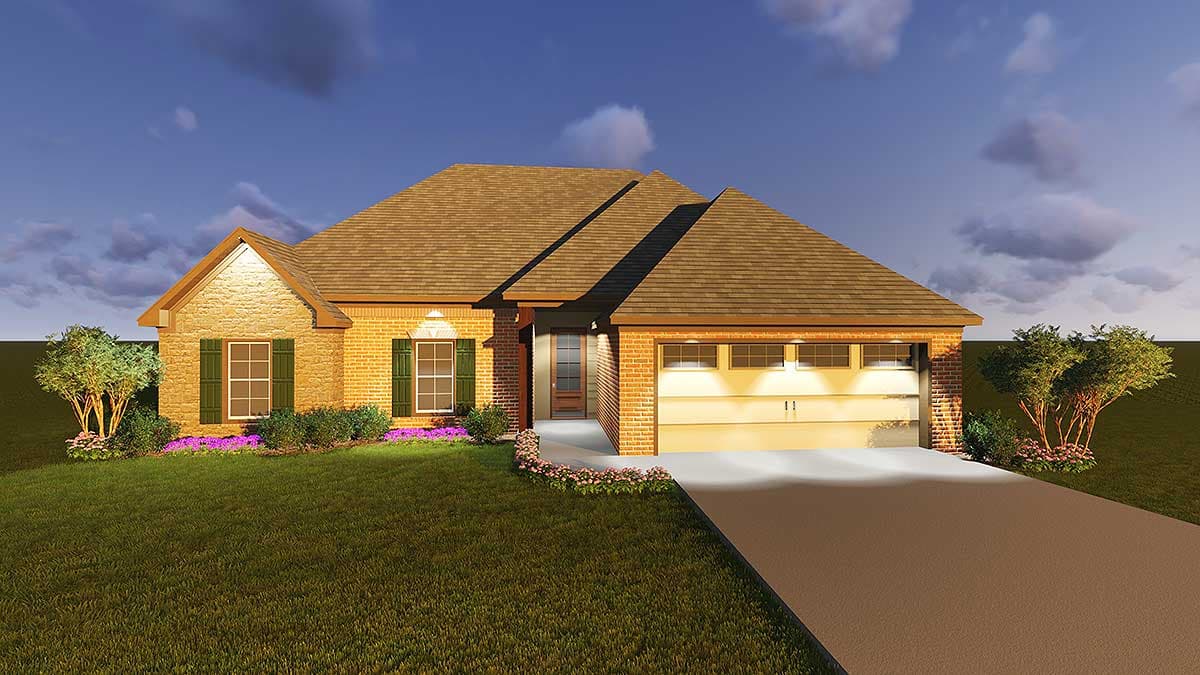 One-story house plan exterior with brick facade, gable roof, covered entry, and attached two-car garage with windows.