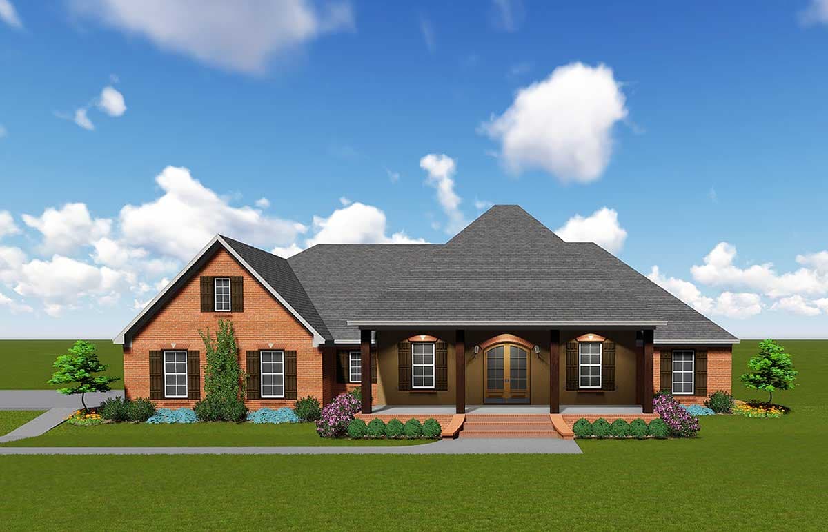 House plan exterior: one-story brick home with central gabled roof, covered front porch with arched entry, and dormer window.