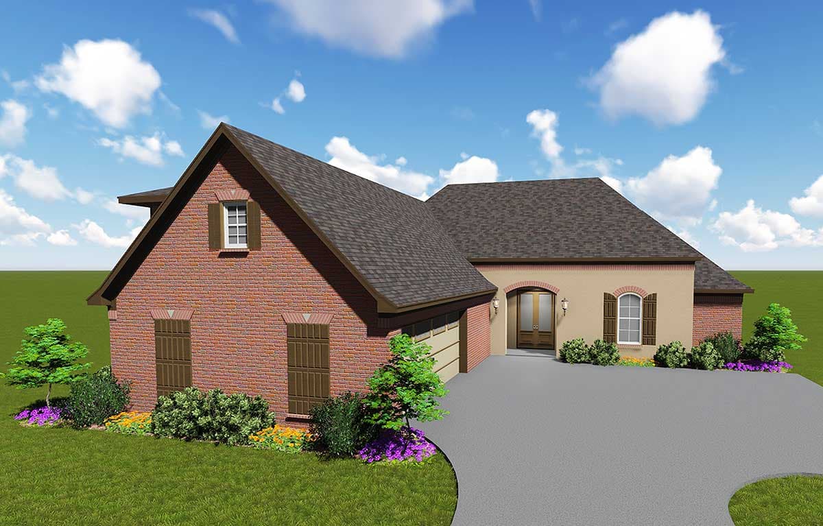 House plan exterior: two-story brick and stucco home with arched entry, dormer window, and attached garage.