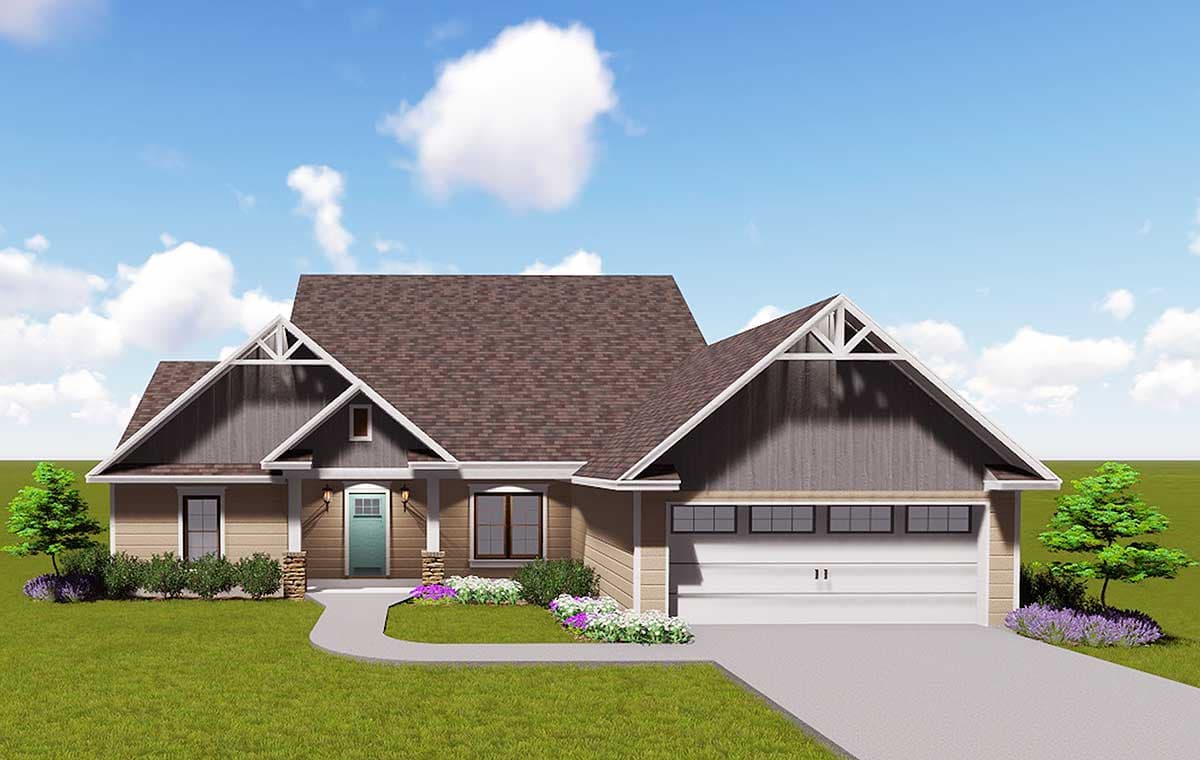House plan exterior: Modern Farmhouse style, one story, prominent gables with decorative trusses, covered entry, and a side-facing garage.