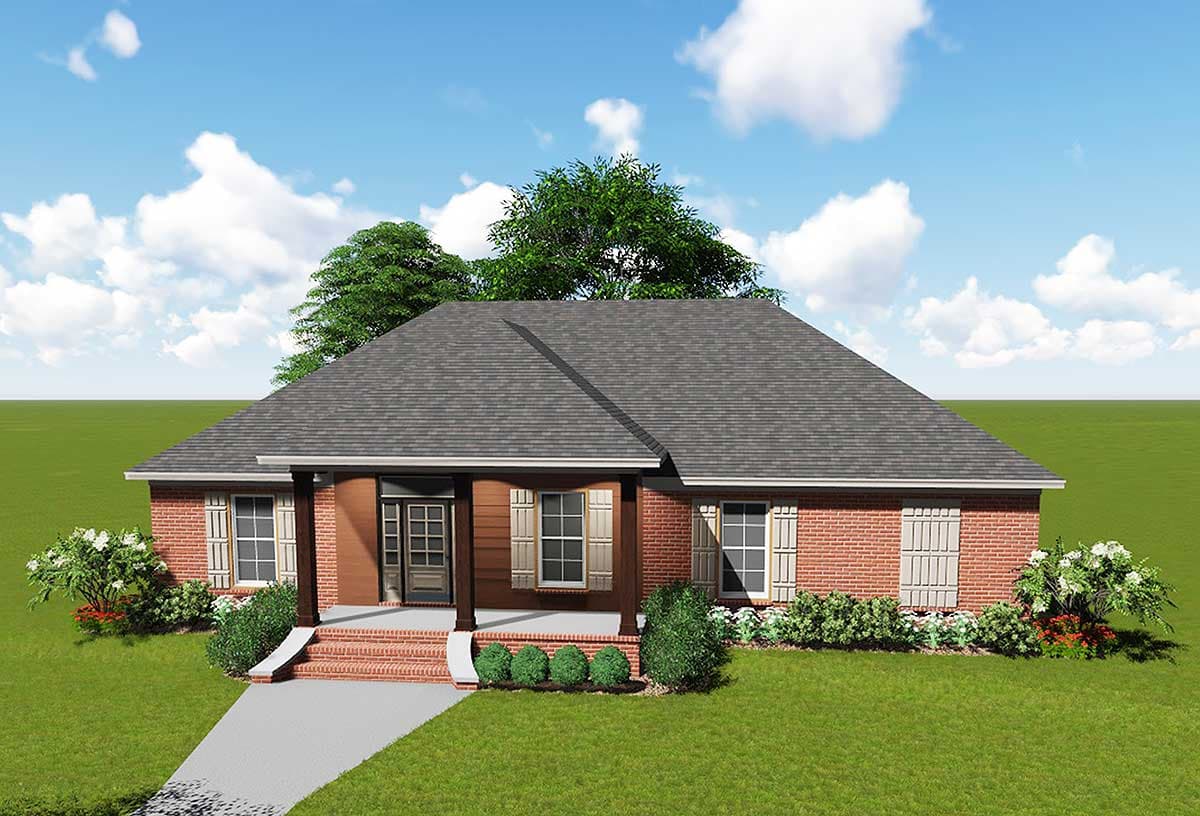 House plan exterior: Single-story brick home with a covered front porch, dual gables, and a prominent central roofline.