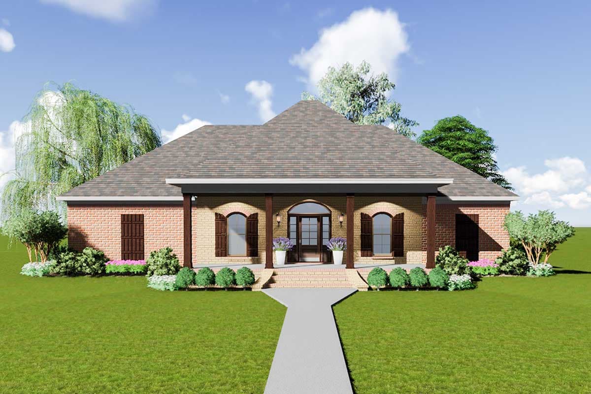 House plan exterior: Single-story brick home with a prominent covered porch, arched windows, and a central double-door entryway.