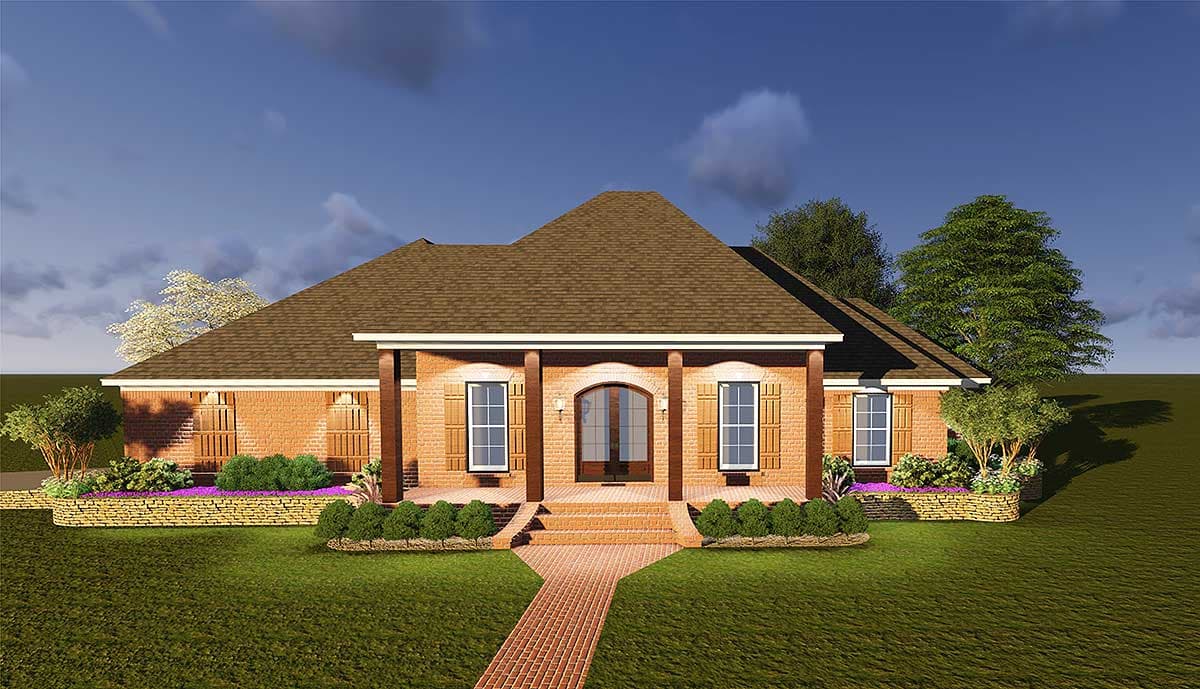 House plan exterior: One-story brick home with a covered front porch, double arched entry doors, and multiple gables.