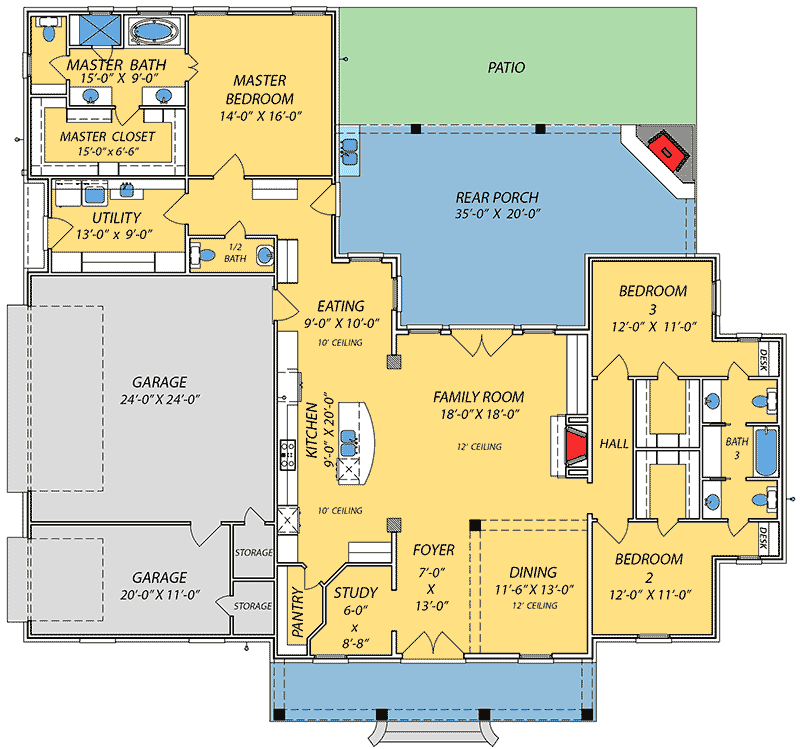 Plan 83880JW: Handsome Acadian House Plan with Two Porches - Floor Plan - Main Level - Acadian, French Country, Louisiana-Style, Southern