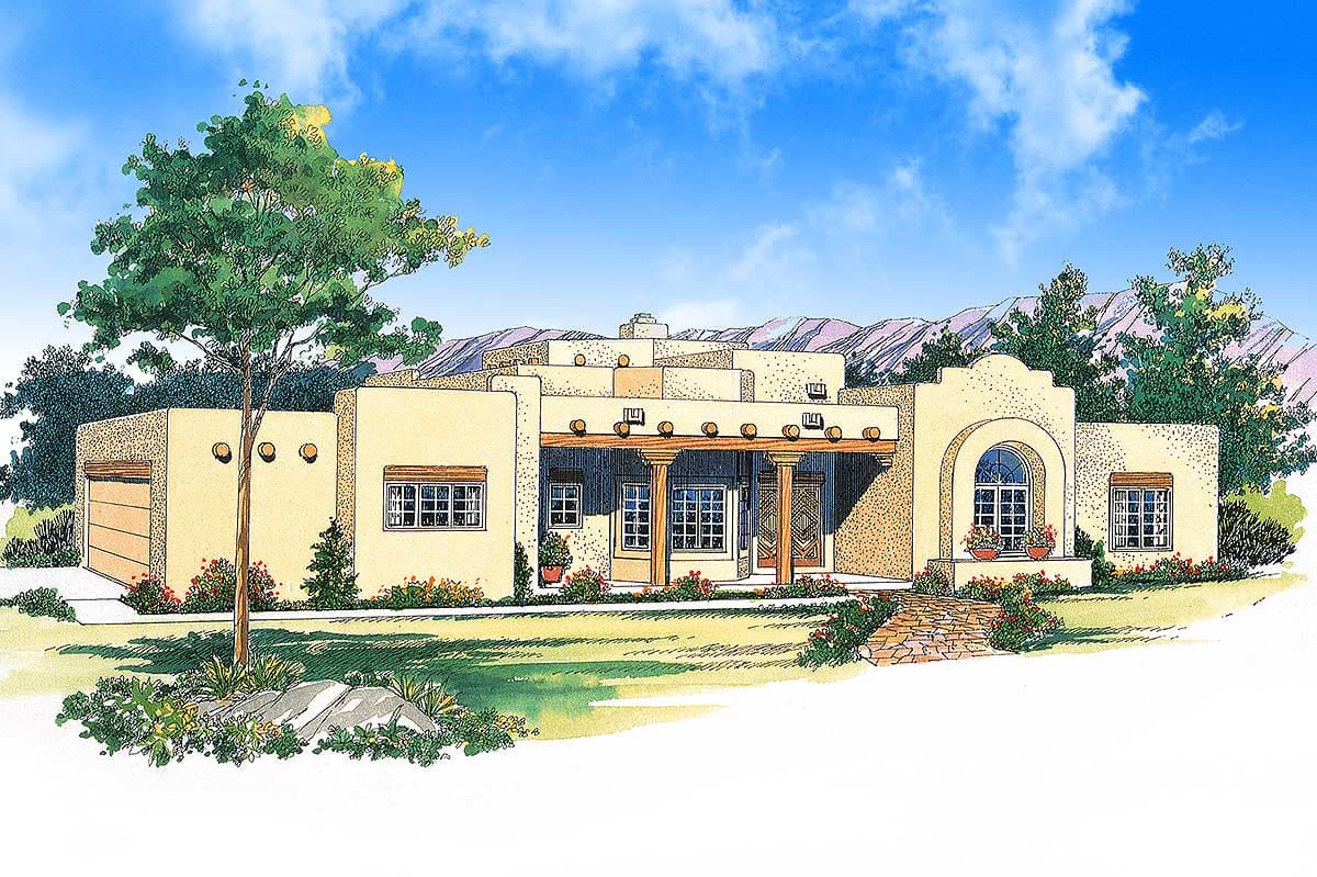 Southwestern style house plan exterior with stucco walls, covered porch with vigas, arched window, and attached garage.