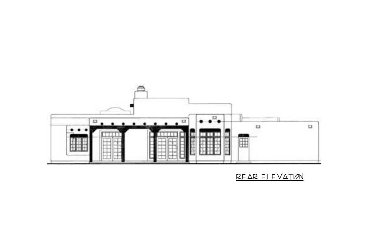 Rear elevation drawing of a single-story house plan with a covered patio, numerous windows, and a tiled roof.