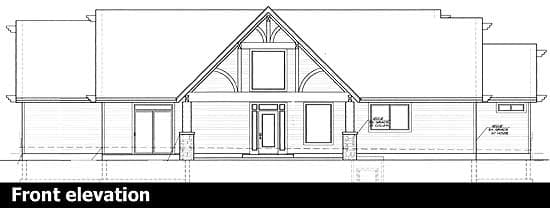 Front elevation drawing of a one-story house plan with a prominent gable, covered entry, and stone-clad porch columns.