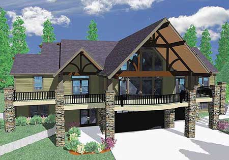 House plan exterior with gabled roof, exposed beams, stone-clad columns, and wraparound balcony.