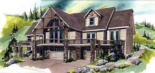 House plan exterior: A two-story mountain-style home with a wraparound deck, large windows, and a stone-clad base featuring a garage.