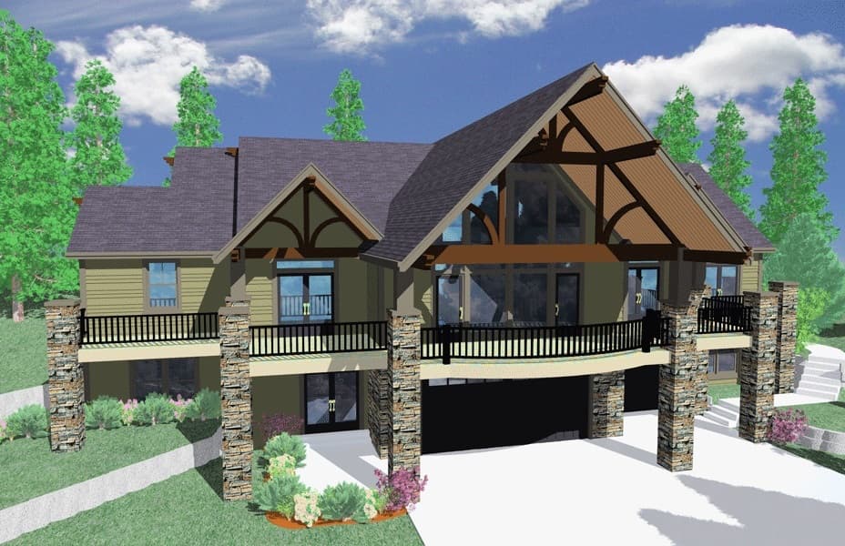 House plan exterior. Two-story design with stone-clad pillars, wrap-around deck, gabled dormers, and exposed timber framing.