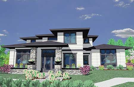 House plan exterior of a two-story modern home with stone accents, large windows, and a flat roofline.