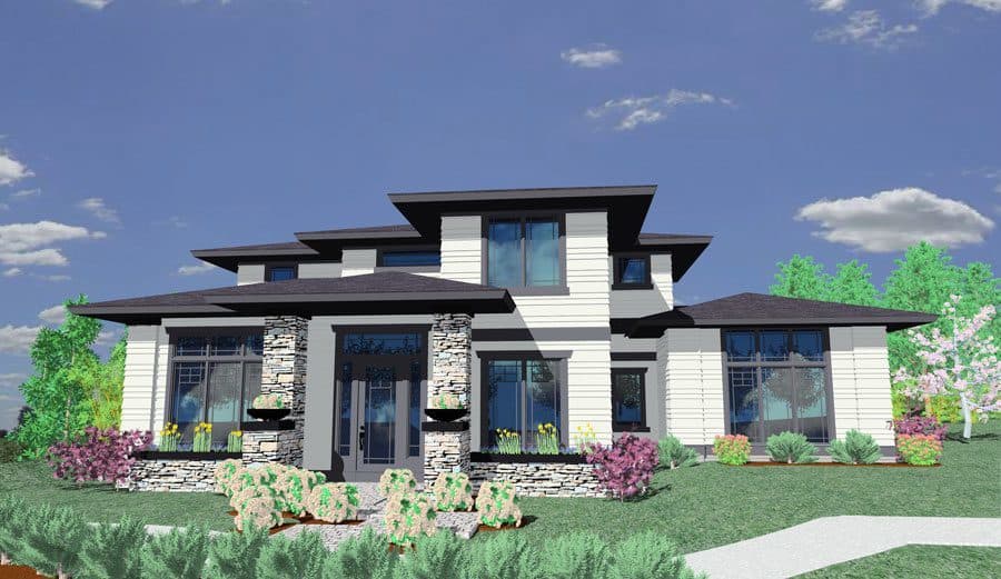Modern house plan exterior with stone accents, multiple rooflines, and large windows.