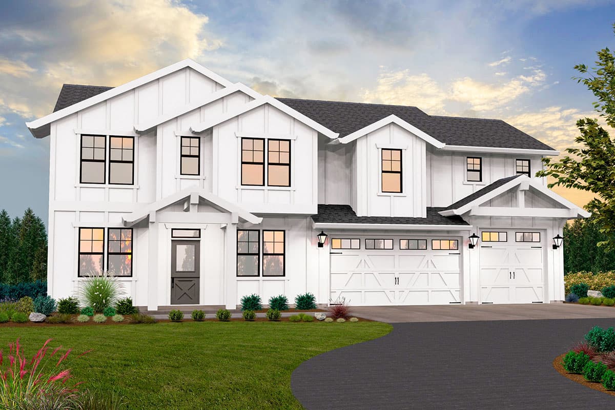 Modern Farmhouse house plan exterior, two stories, white board and batten siding, multiple gables, and three-car garage.