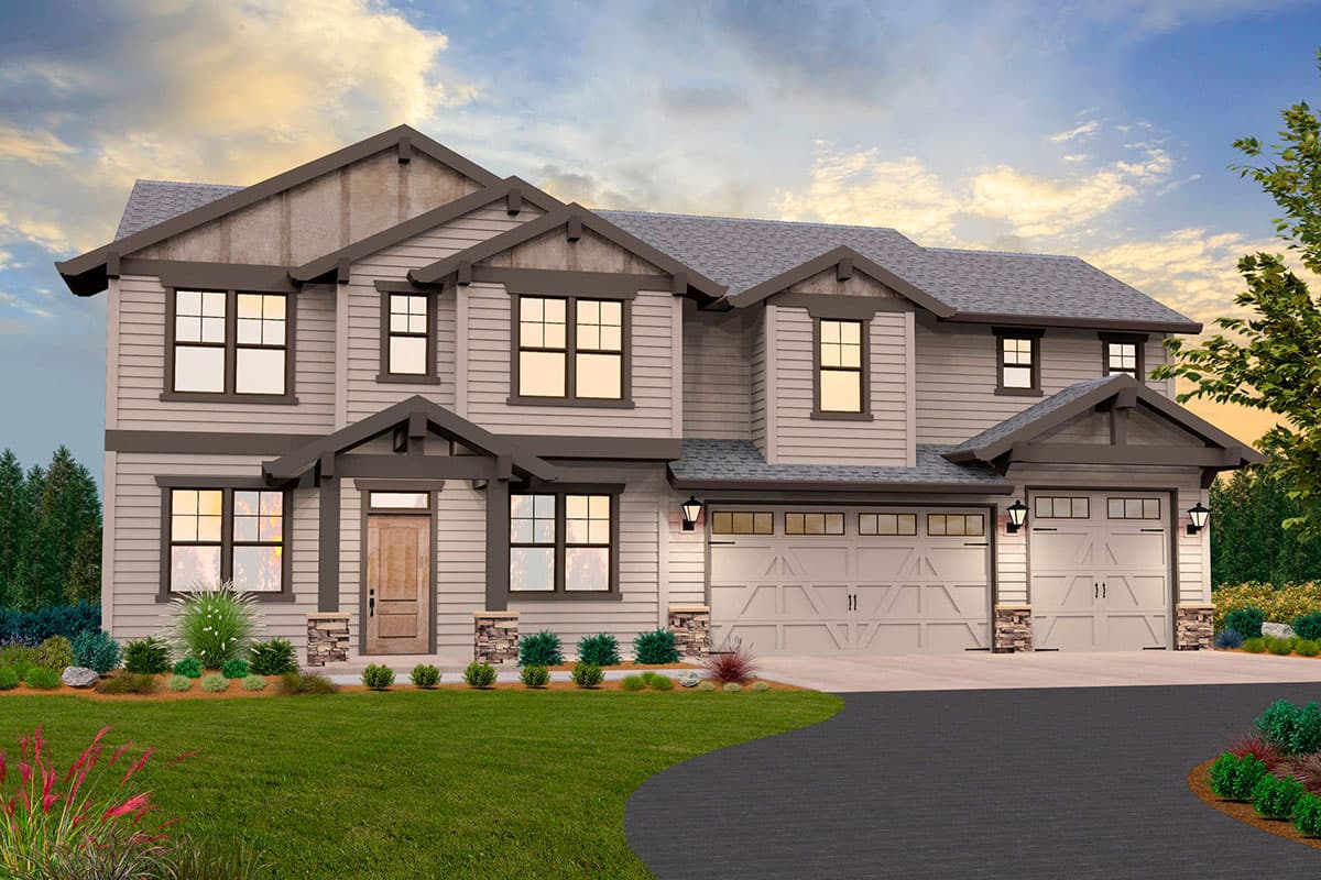 House plan exterior: Two-story home with siding, prominent gables, covered entryway, and a three-car garage.