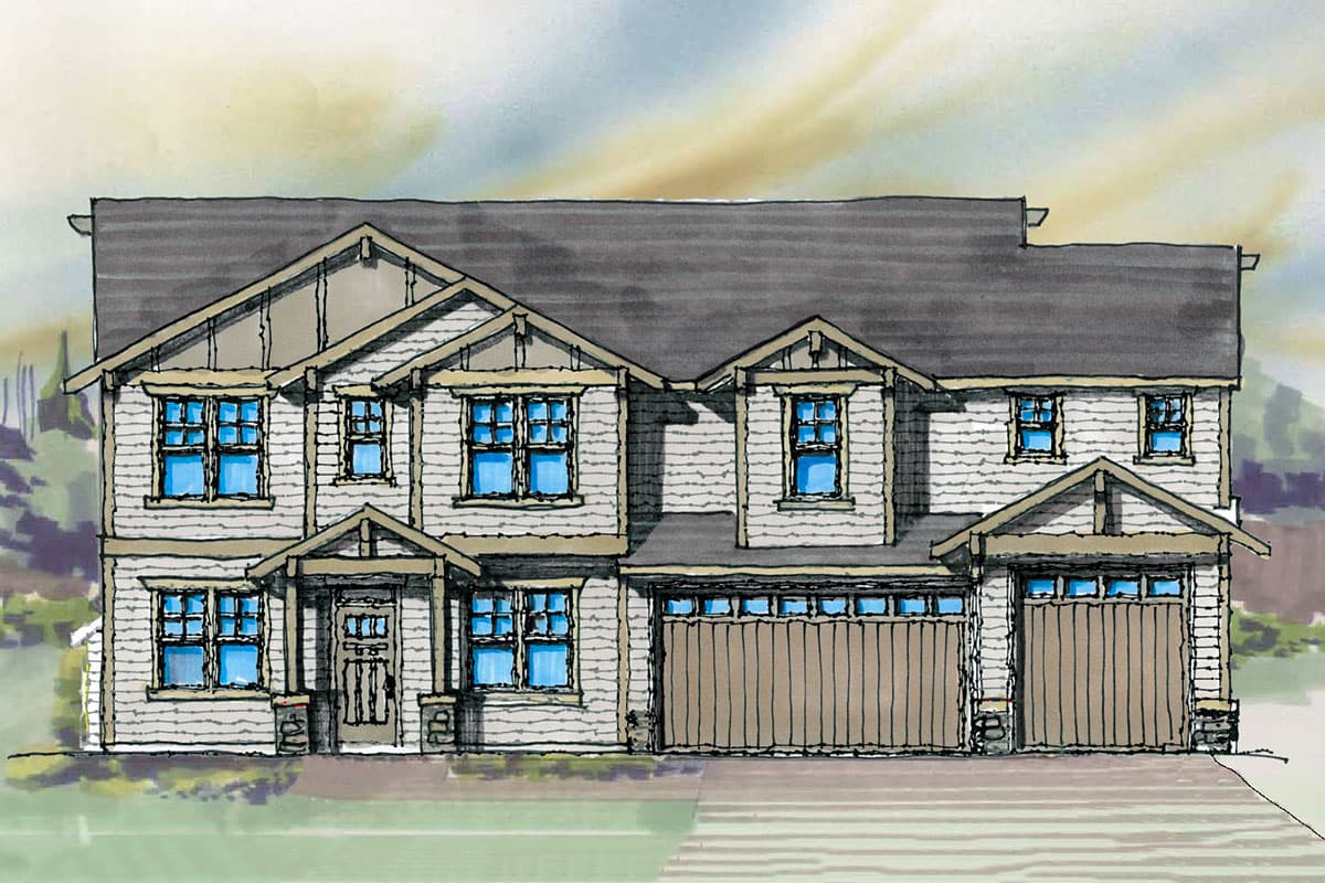 House plan exterior, two-story, Modern Farmhouse style, with gabled dormers, covered entry, and two-car garage.