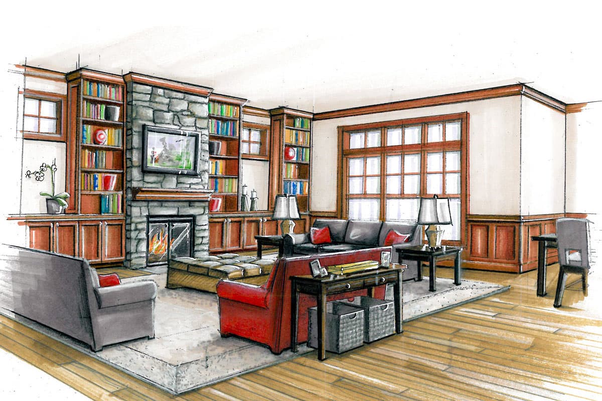 Interior rendering of a living room with a stone fireplace, built-in bookshelves, a large window, and seating.
