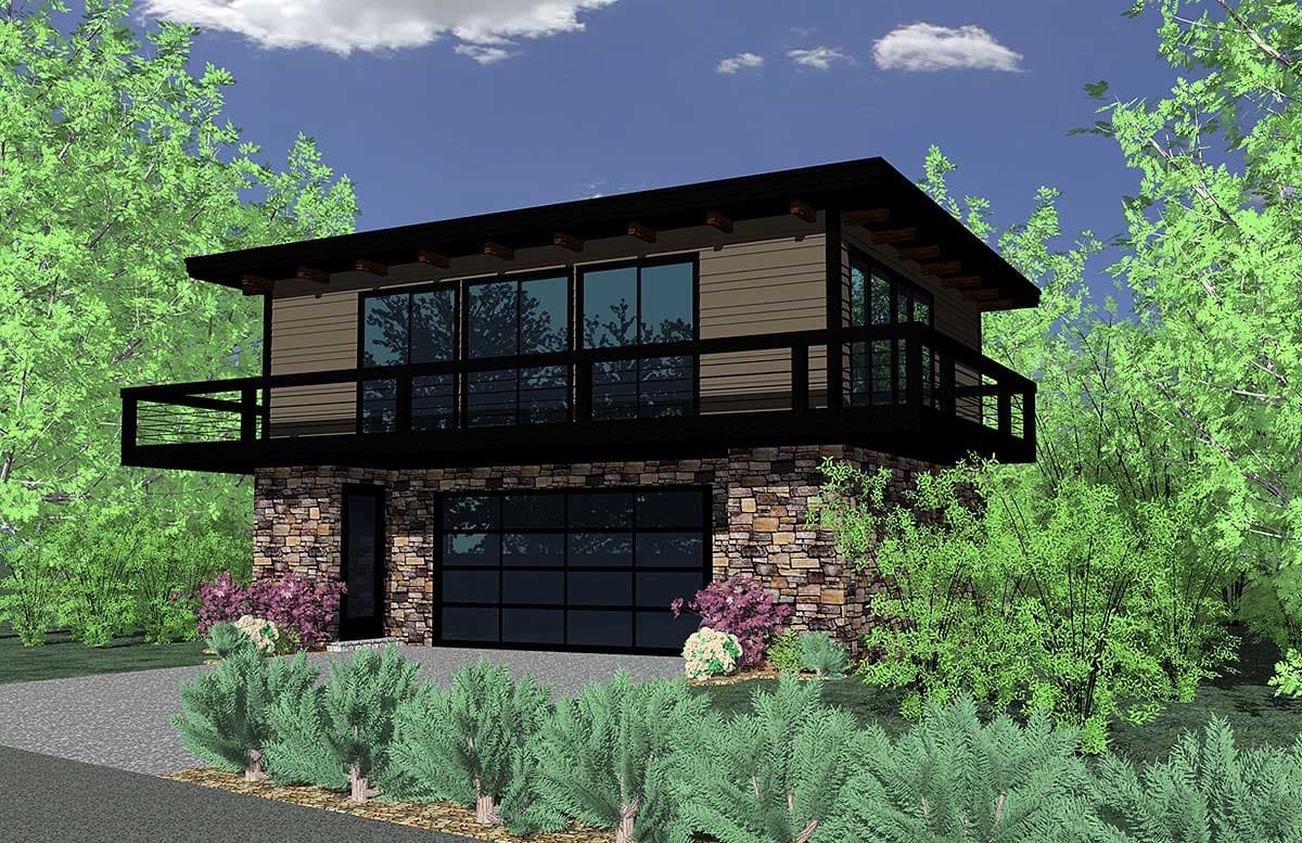 House plan exterior: Modern two-story with stone base, large glass garage door, upper-level balcony, and horizontal siding.