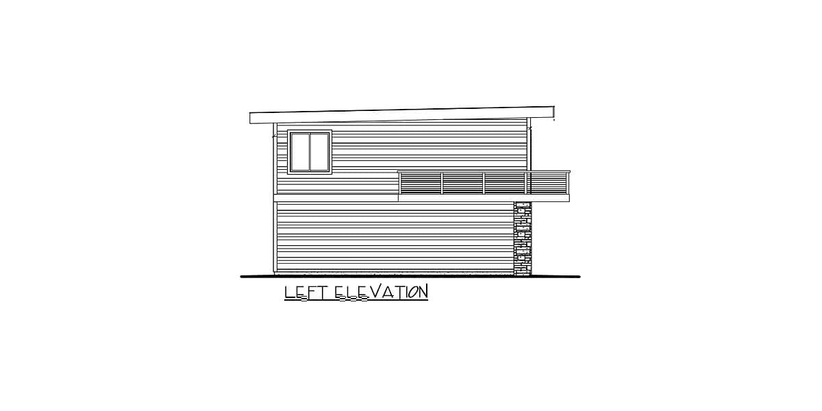 Left elevation drawing of a two-story house plan with a sloped roof, horizontal siding, a large window, and a railed balcony.