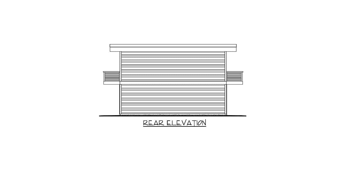 Rear elevation drawing of a house plan with a horizontal siding detail and a central section.
