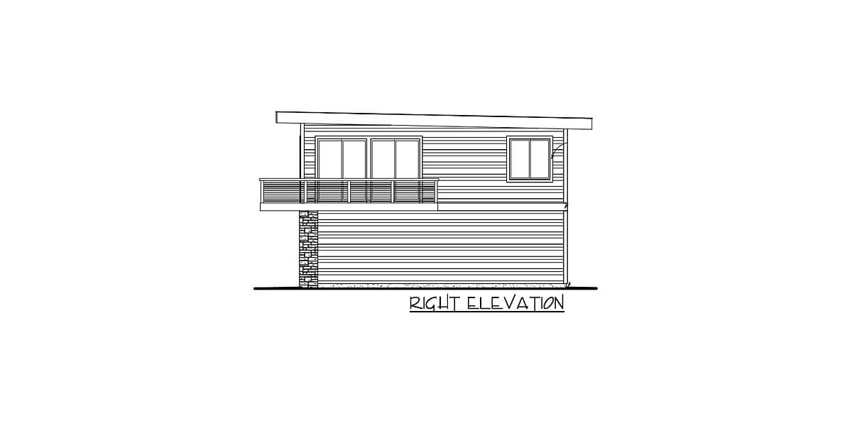 Right elevation of a house plan with a sloped roof, balcony, large windows, and stone accent on the lower level.
