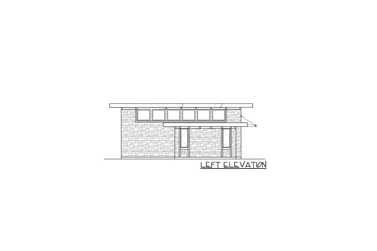 Left elevation drawing of a house plan with stone facade, a flat roofline, and multiple bands of windows.