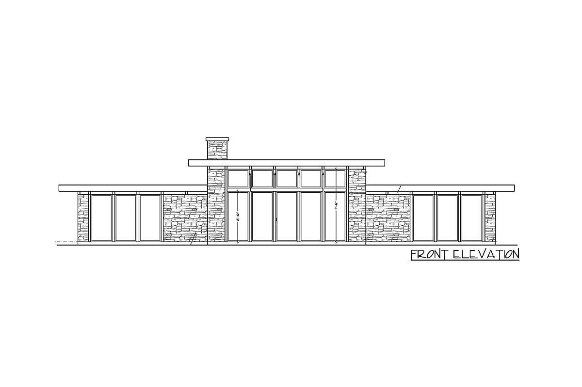 Front elevation of a modern house plan featuring a low-pitched roof, extensive stone work, and large glass panels.