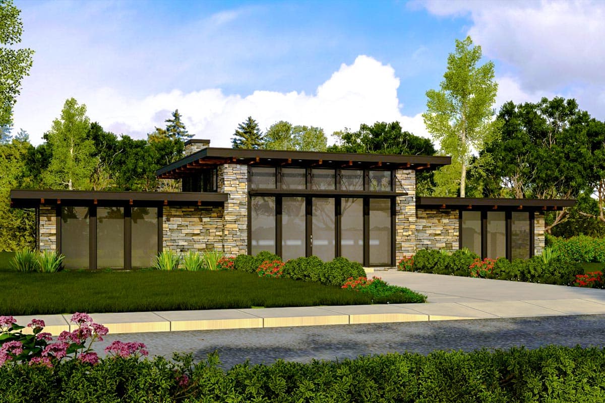 House plan exterior. Modern style, one-story home with flat roof, stone facade, and large glass entry doors. Includes a covered entryway.