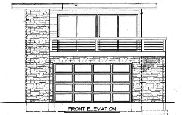Front elevation drawing shows a modern house plan with stone exterior, large garage door, balcony, and horizontal siding.