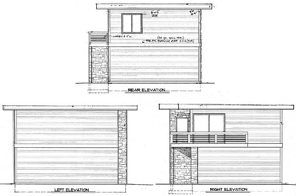 Architectural drawing showing front, rear, left, and right elevations of a two-story modern house plan with horizontal siding and stone accents.