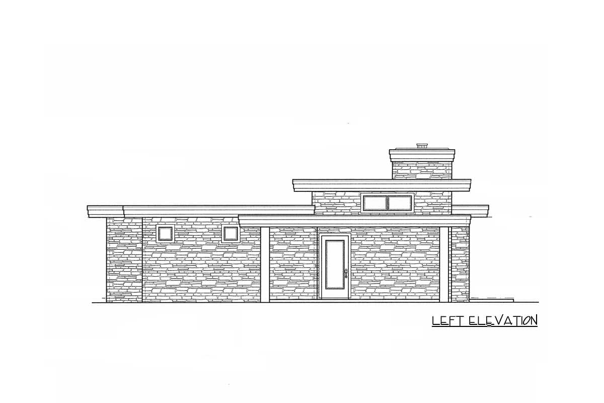 Left elevation drawing of a single-story house with a flat roof, stone facade, and prominent chimney.