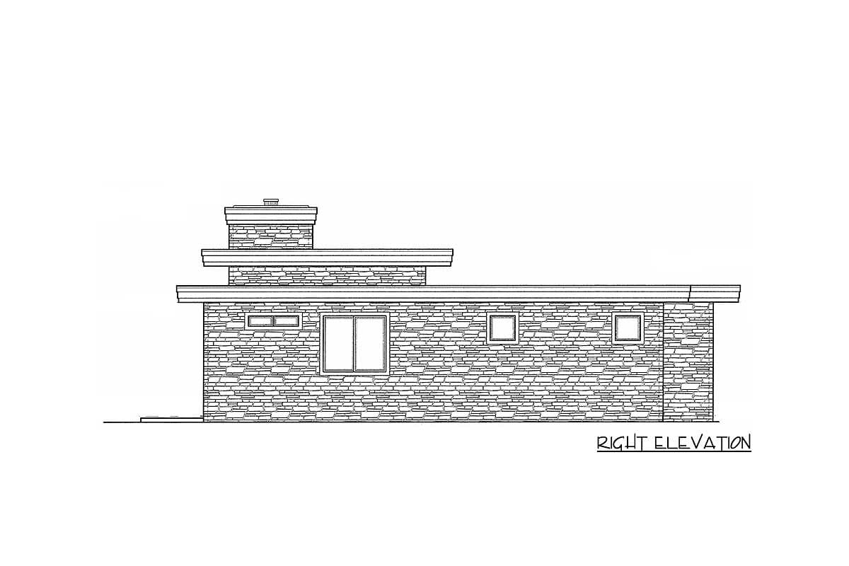 Right elevation house plan showing a single-story structure with a stone facade, multiple windows, and a prominent chimney.