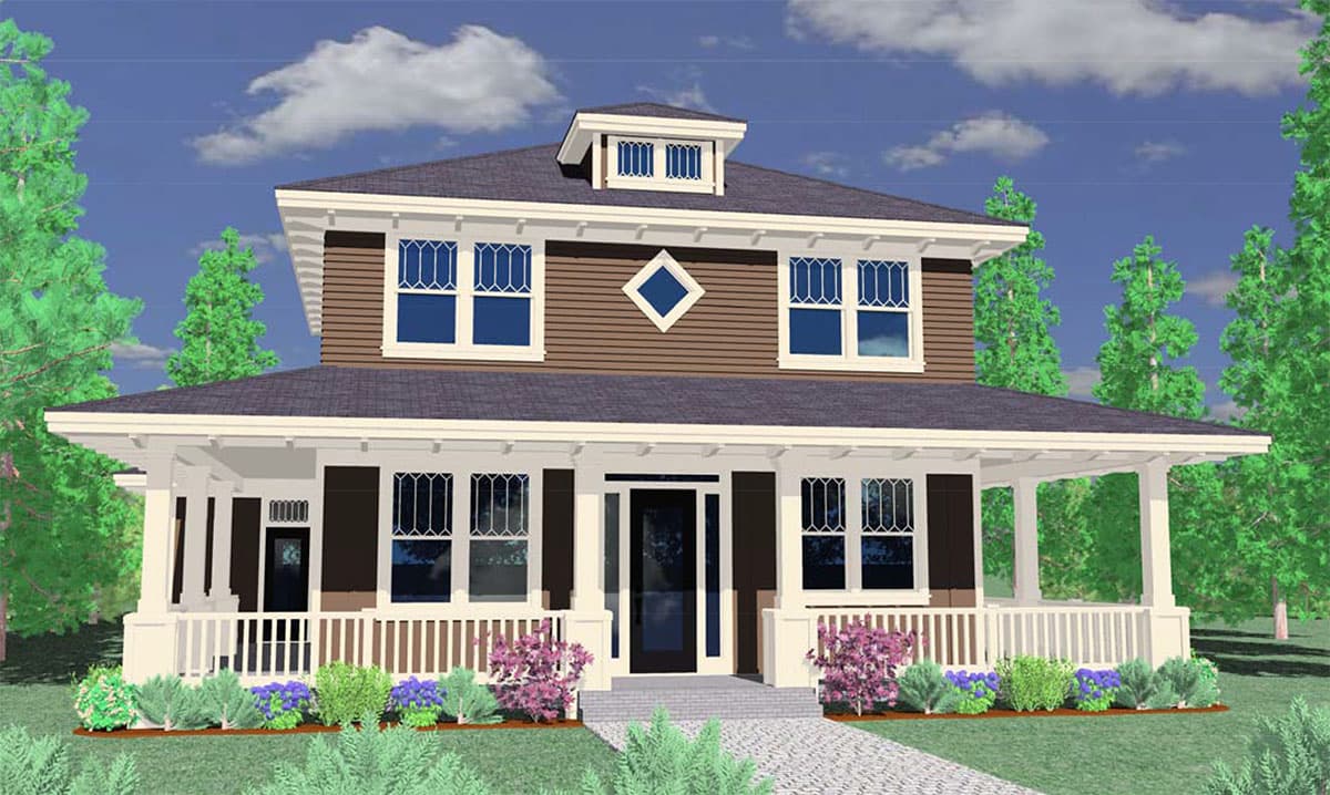 House plan exterior: Two-story home with wide wrap-around porch, central dormer, and diamond-shaped window detail.